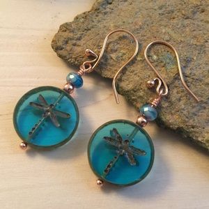 Aqua Dragonfly Copper Earrings
